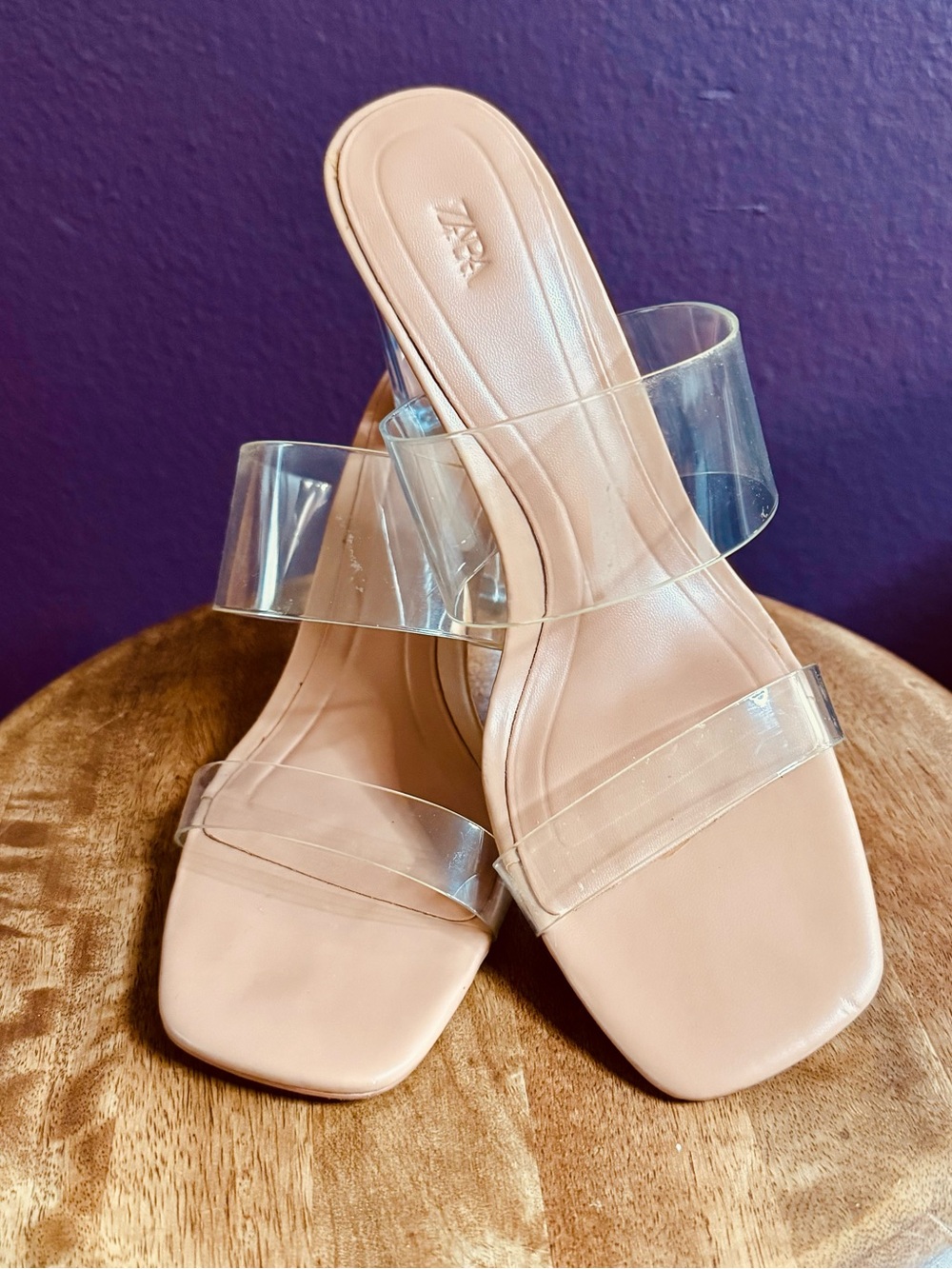 Zara Blush Nude Heel Sandals with Clear Vinyl Straps